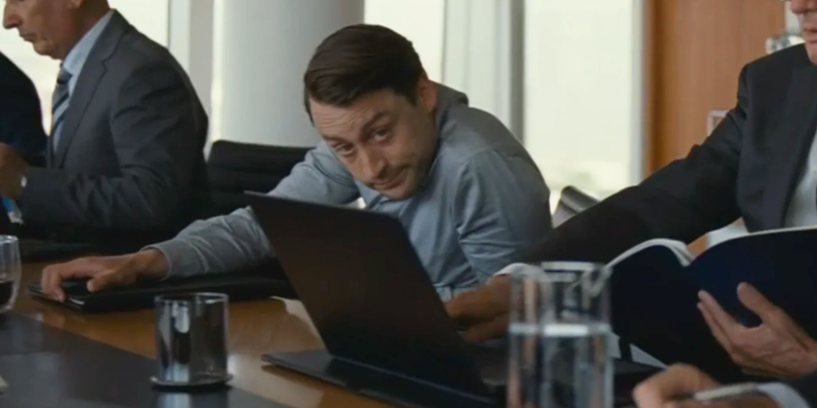 Roman Roy (played by Kieran Culkin) squirming during a meeting in Season 3 of Succession