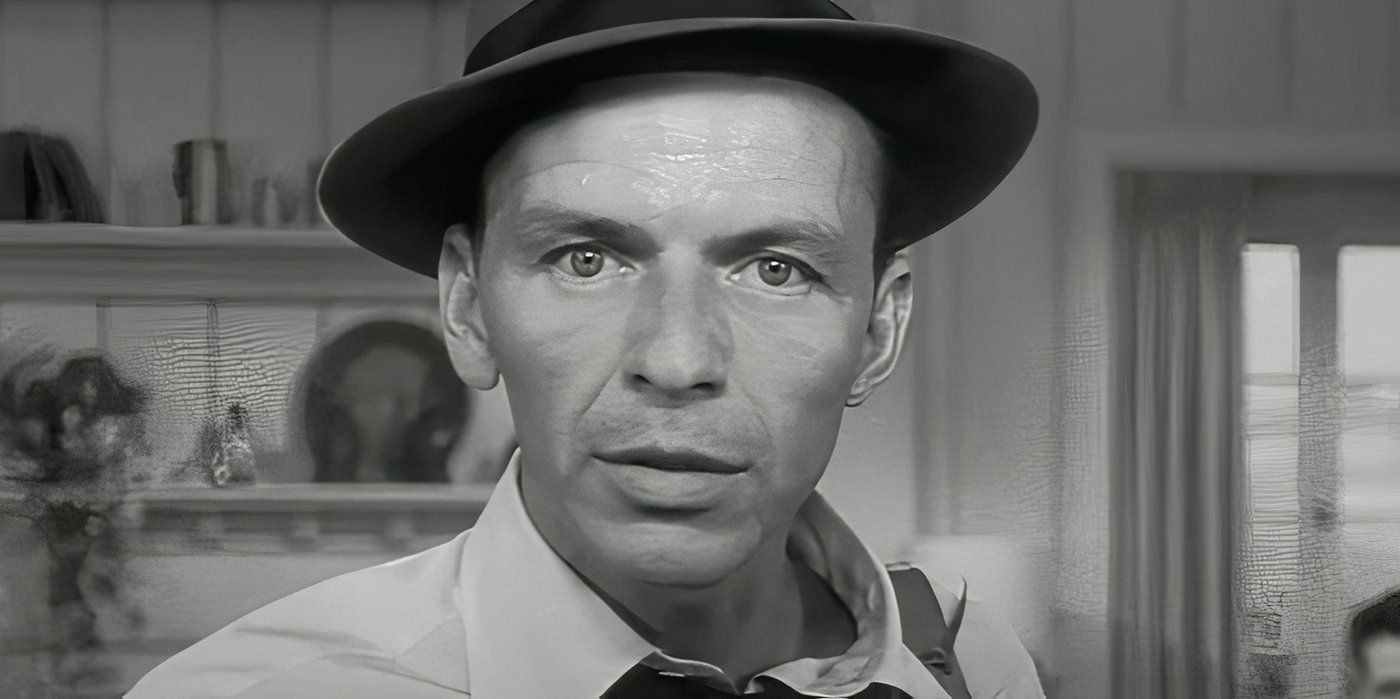 Frank Sinatra as John Baron looking directly into the camera as he delivers a monologue a 