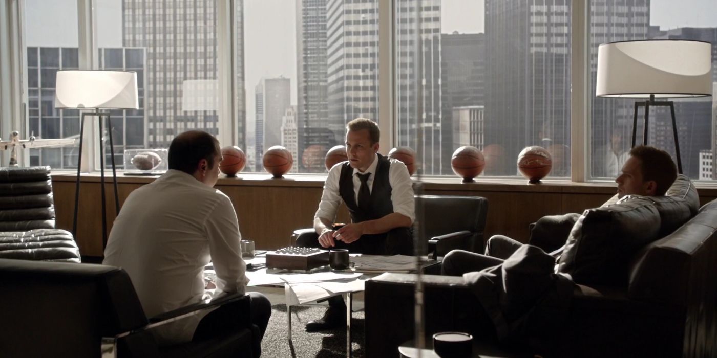 Rick Hoffman, Gabriel Macht, and Patrick J. Adams in &lsquo;Suits&rsquo; Season 4, Episode 9 &ldquo;Gone&rdquo; (2014).