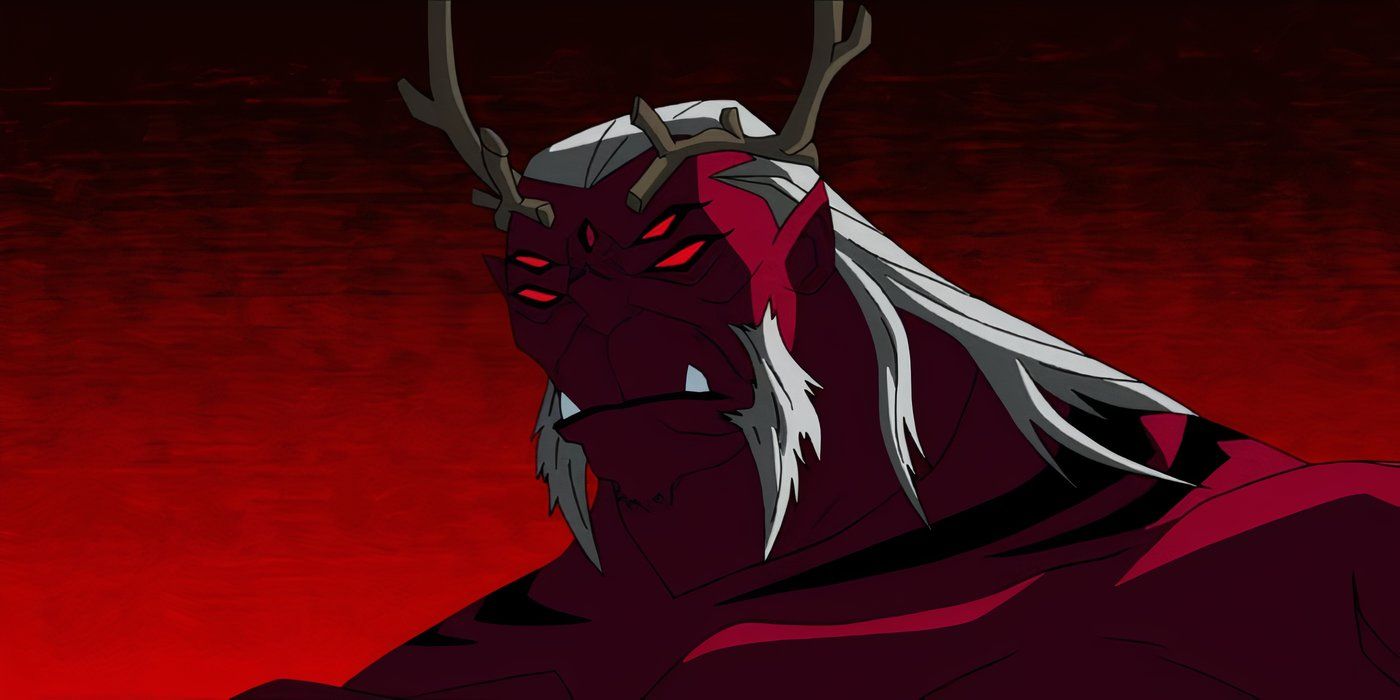 Trigon from Teen Titans with glowing red eyes looking down at someone.