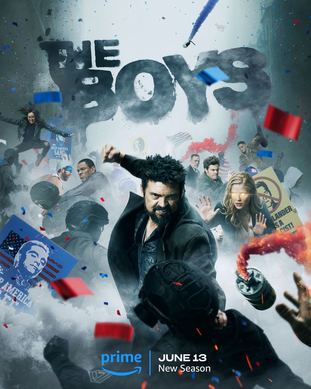 Karl Urban, Jack Quaid, Karen Fukuhara, Tomer Capone, Laz Alonso, and Jeffrey Dean Morgan on the poster for The Boys Season 4.