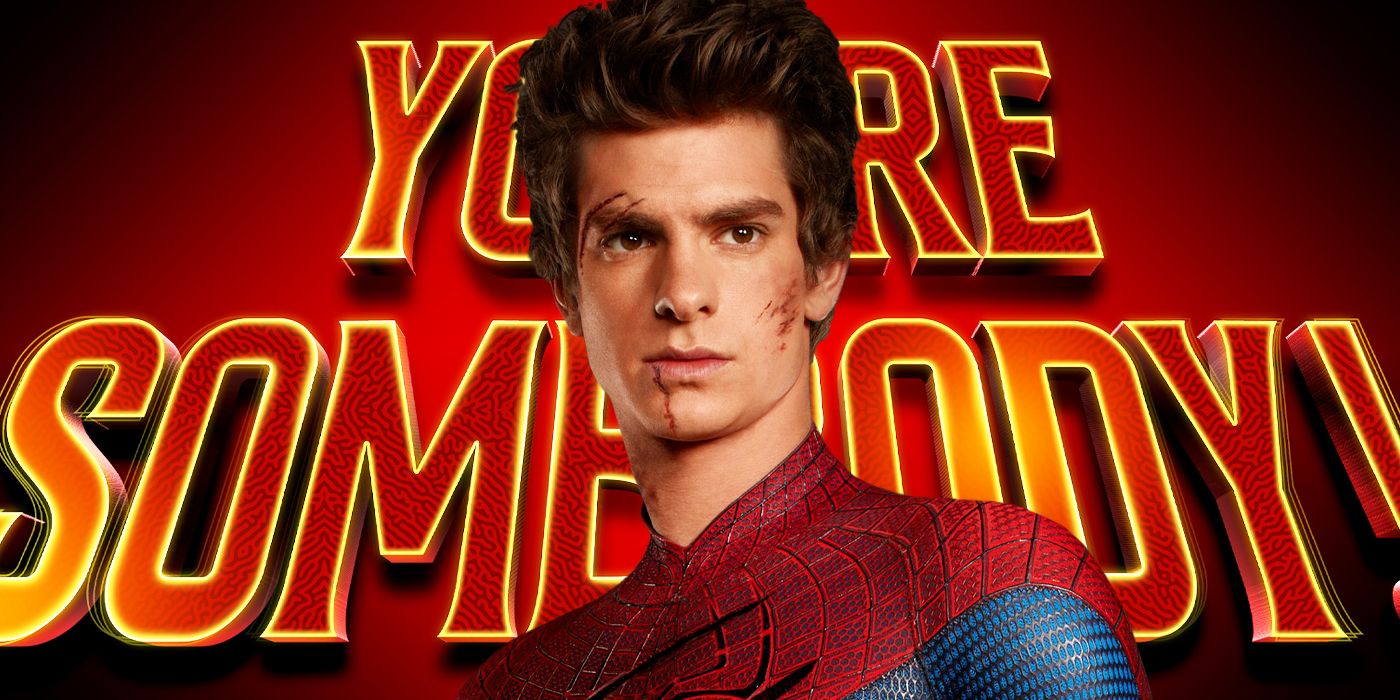 Blended image showing Andrew Garfield as Spider-Man with one of his quotes in the background