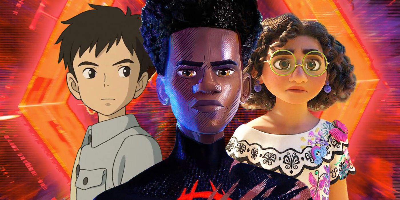 Blended image showing characters from The Boy and the Heron, Across the Spider-Verse, and Encanto