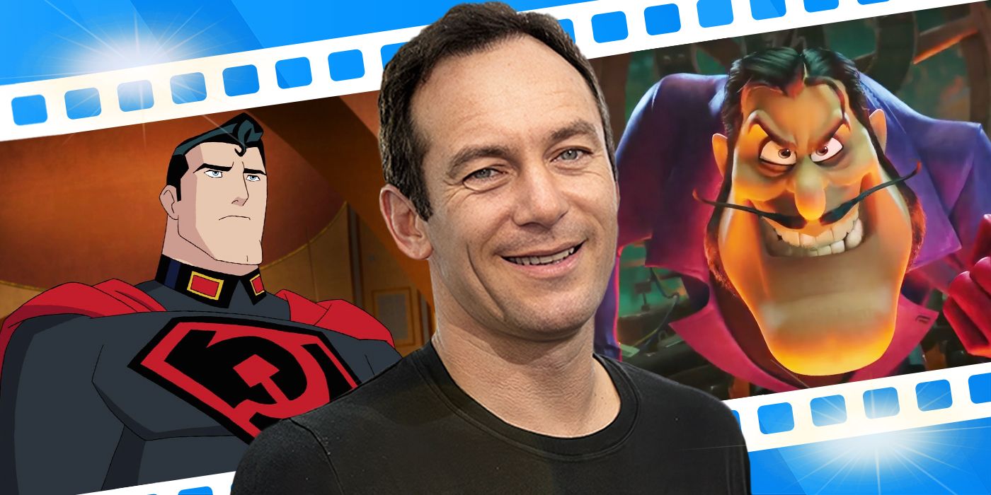 Custom image of Jason Isaacs in the foreground with two animated characters he has voiced in the background.