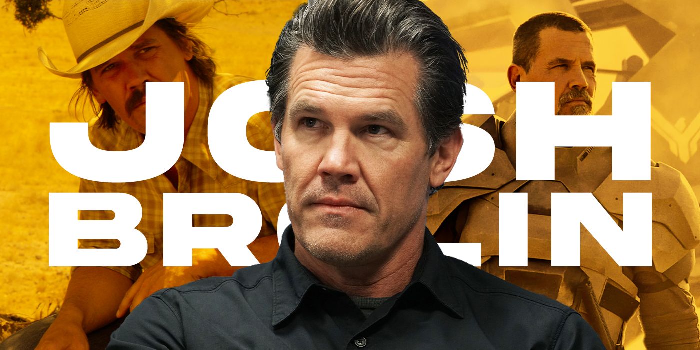 Custom image of Josh Brolin with some of his movie characters in the background.