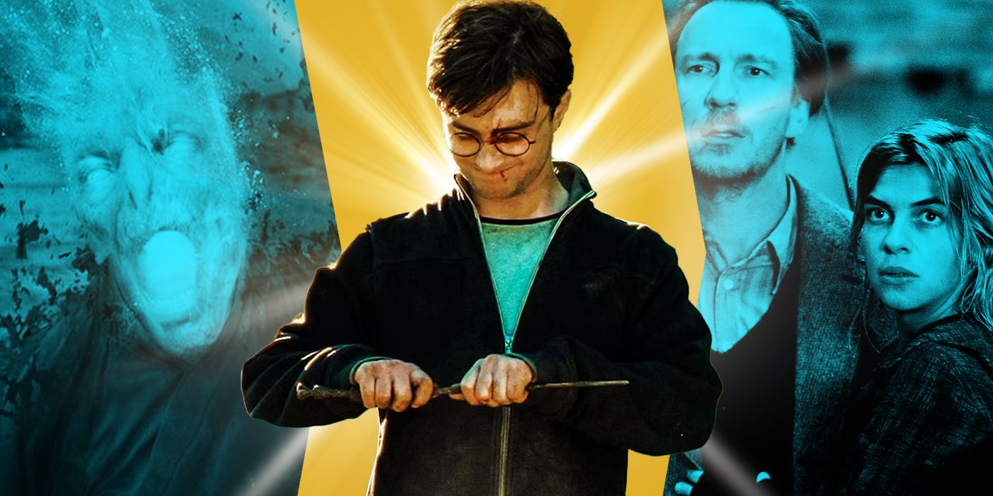 Blended image showing Voldemort desintegrating, Harry breaking a wand, and Tonks and Lupin in Harry Potter.