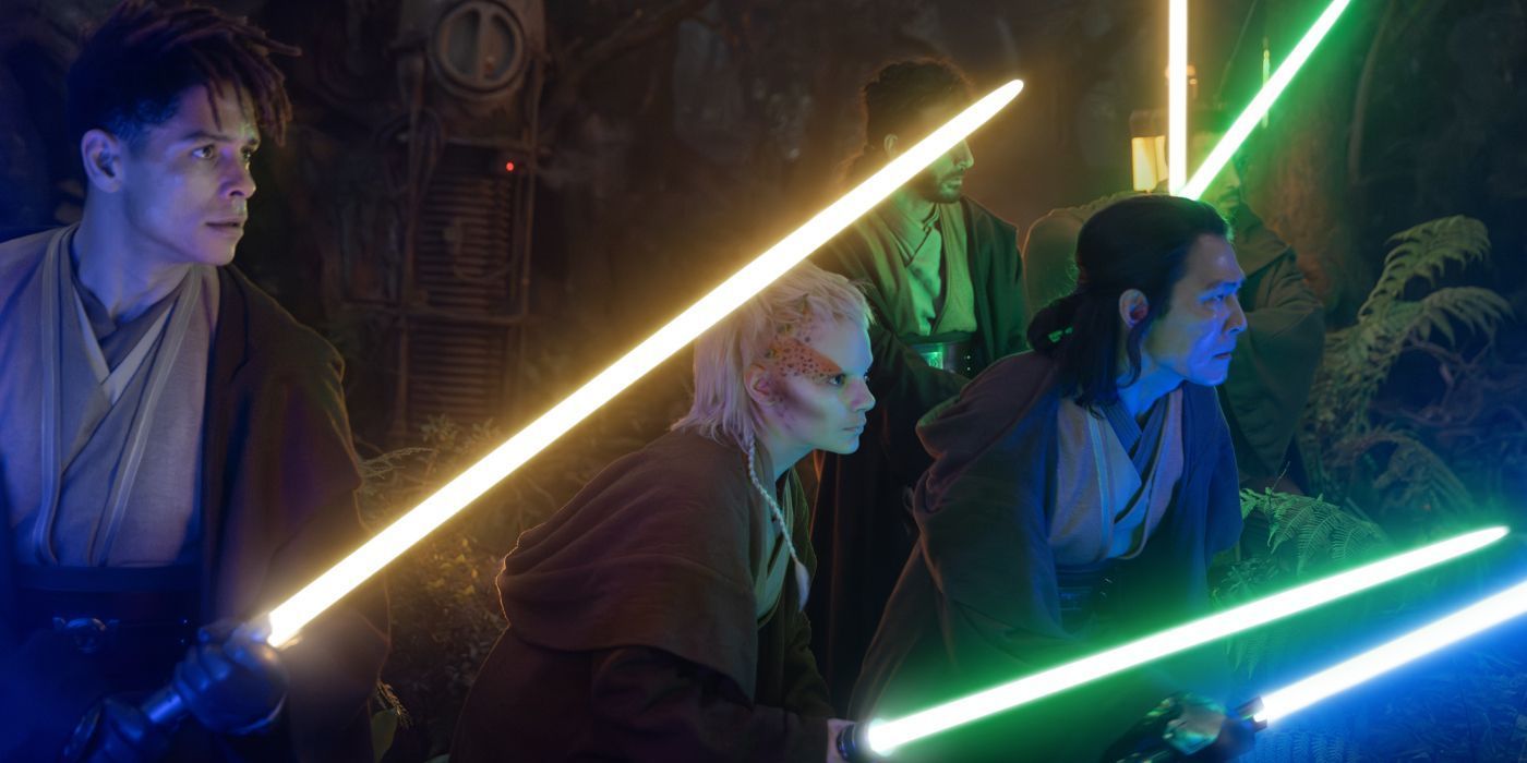 Lee Jung-jae, Dafnee Keen, and Charlie Barnett as Sol, Jecki, and Yord, standing with their lightsabers at the ready in The Acolyte