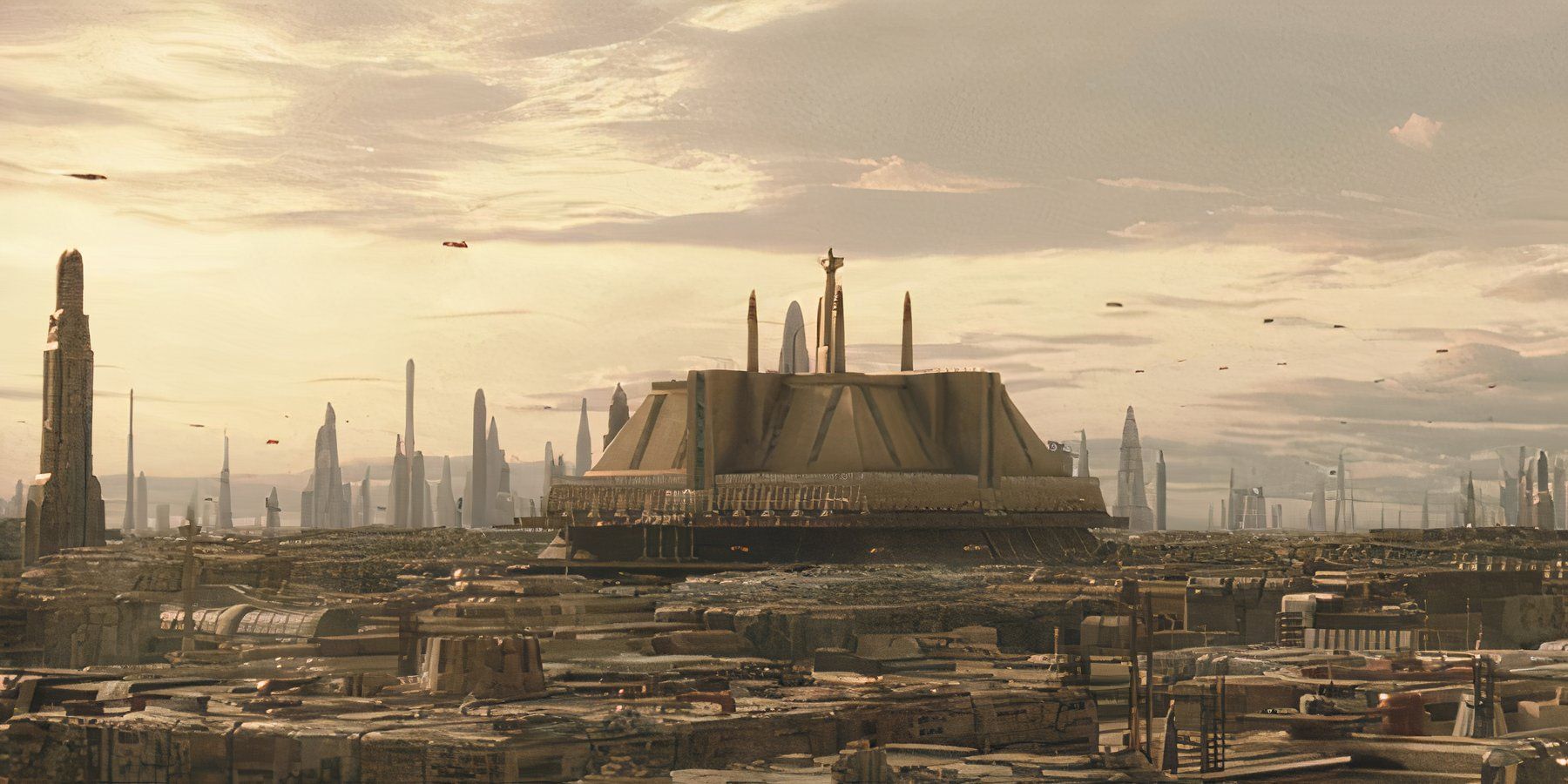 Wide shot showing the Jedi Temple on Coruscant in 'The Acolyte'