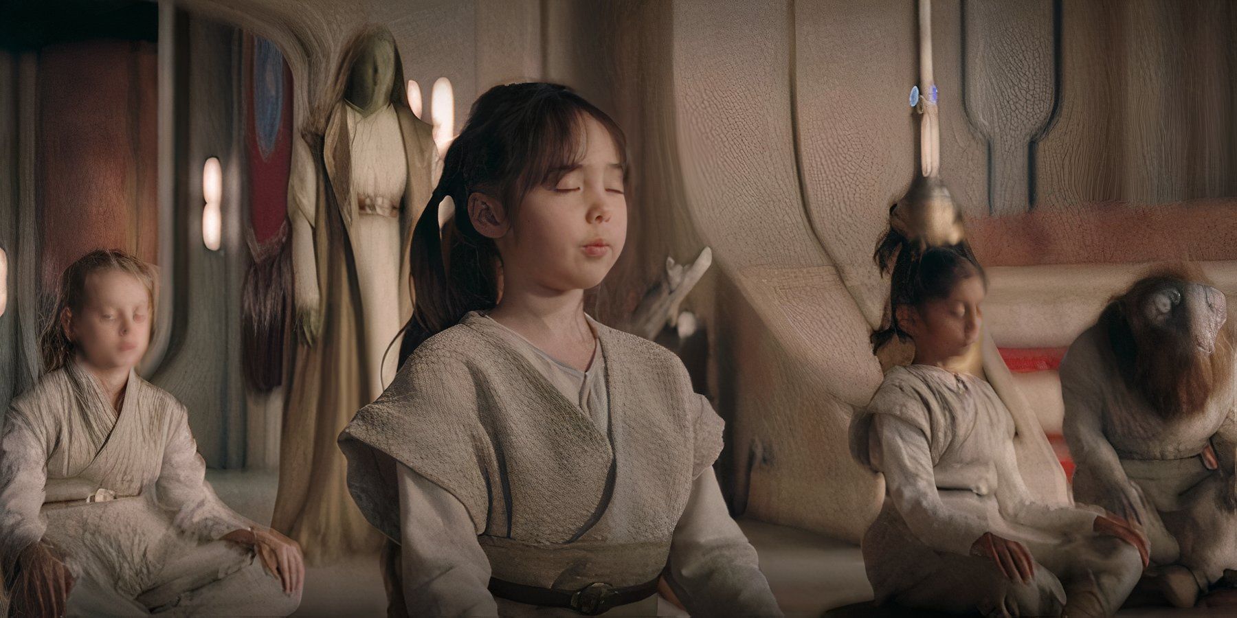 A group of several younglings meditating with their eyes closed in a Jedi Temple in 'The Acolyte'