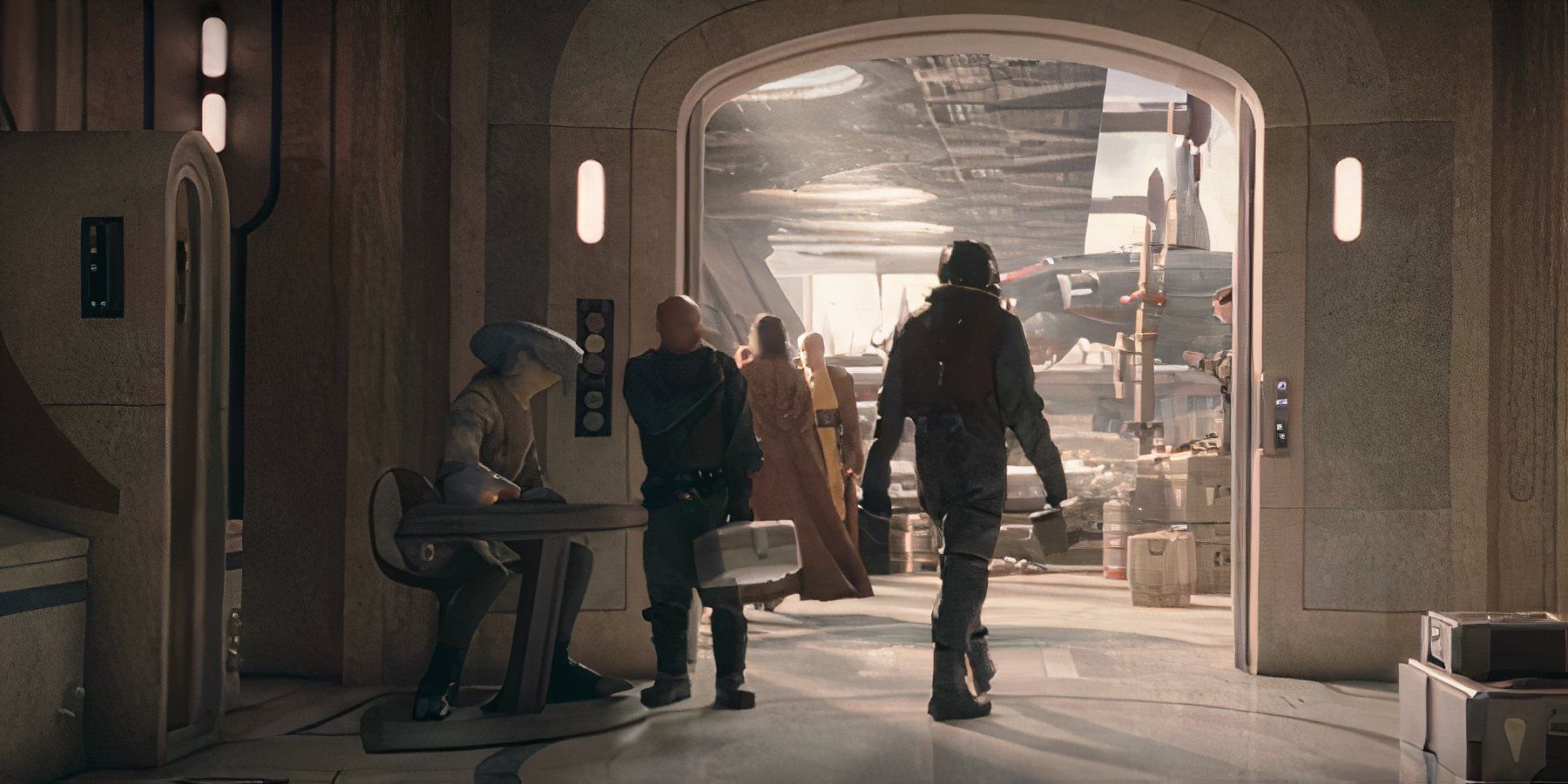 A wide shot at the Jedi Temple showing people walking through a corridor and a man talking to a seated Selkath