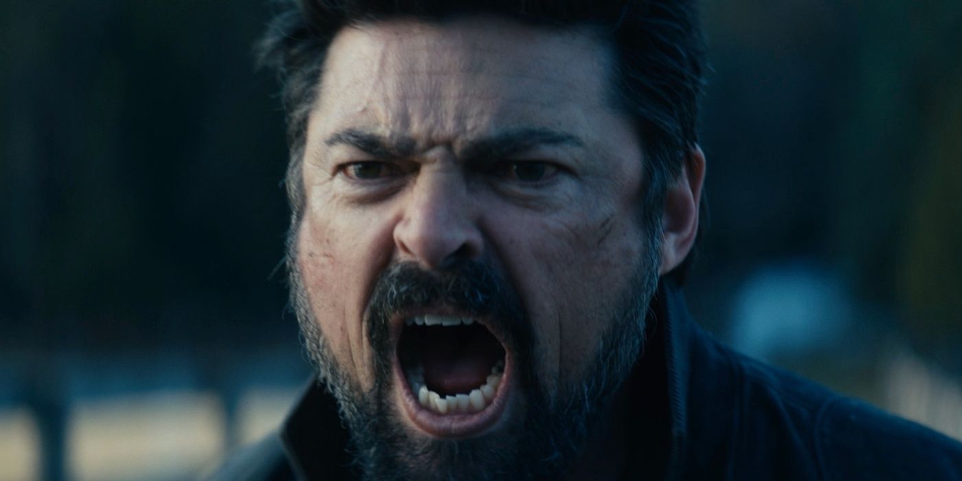 Karl Urban as Butcher with a screaming close-up in Episode 5 of Season 4 of The Boys