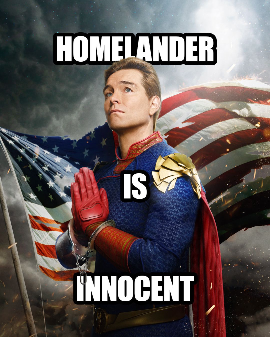 Homelander clasping his hands together under the words Homelander Is Innocent on a new poster for The Boys Season 4