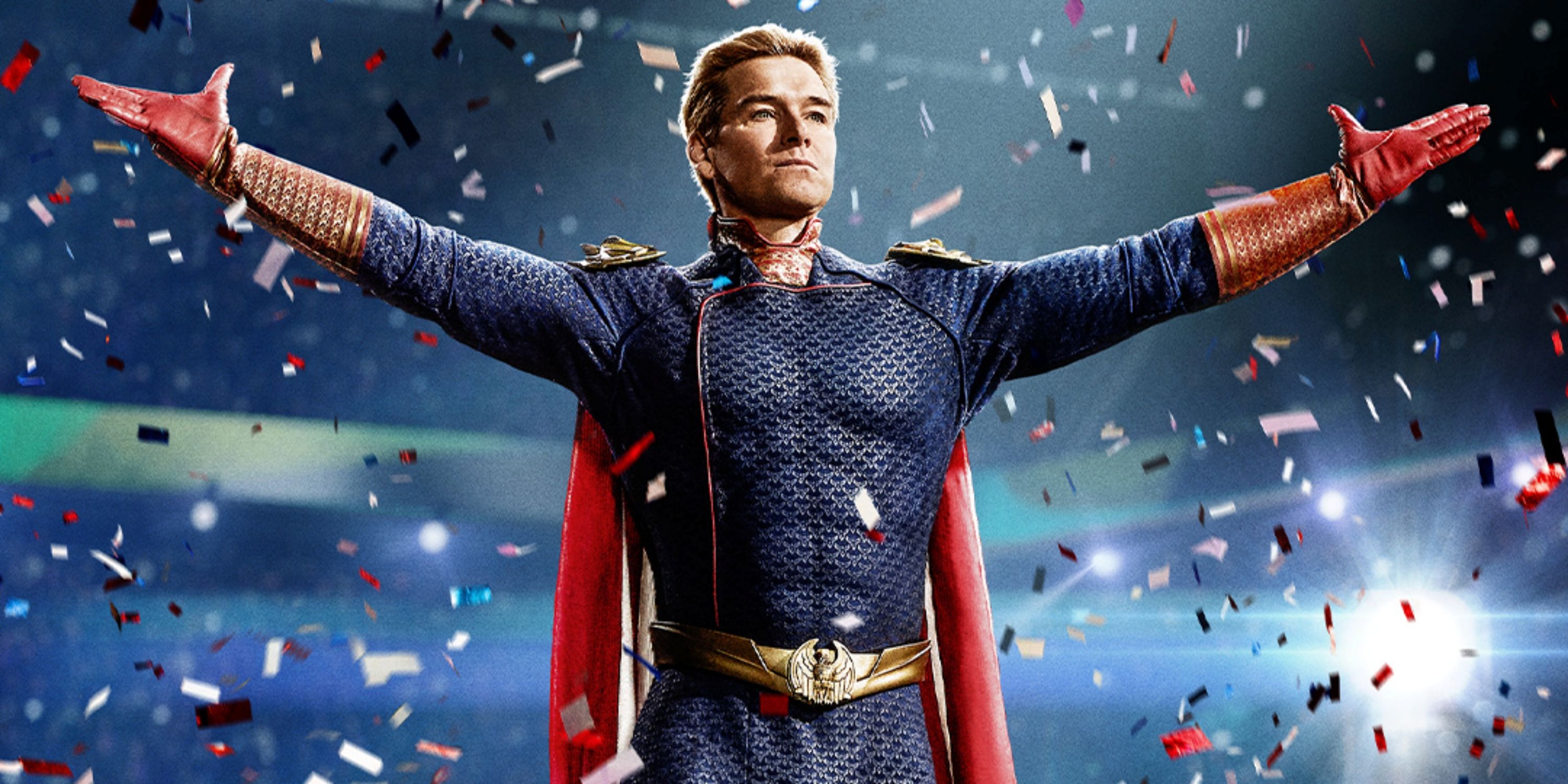Antony Starr as Homelander with his arm outstretched and confetti falling down in Season 4 of The Boys