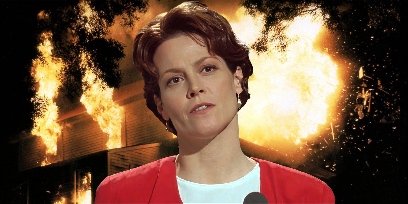 Sigourney Weaver as Dr. Helen Hudson from Copycat against a burning building in the background