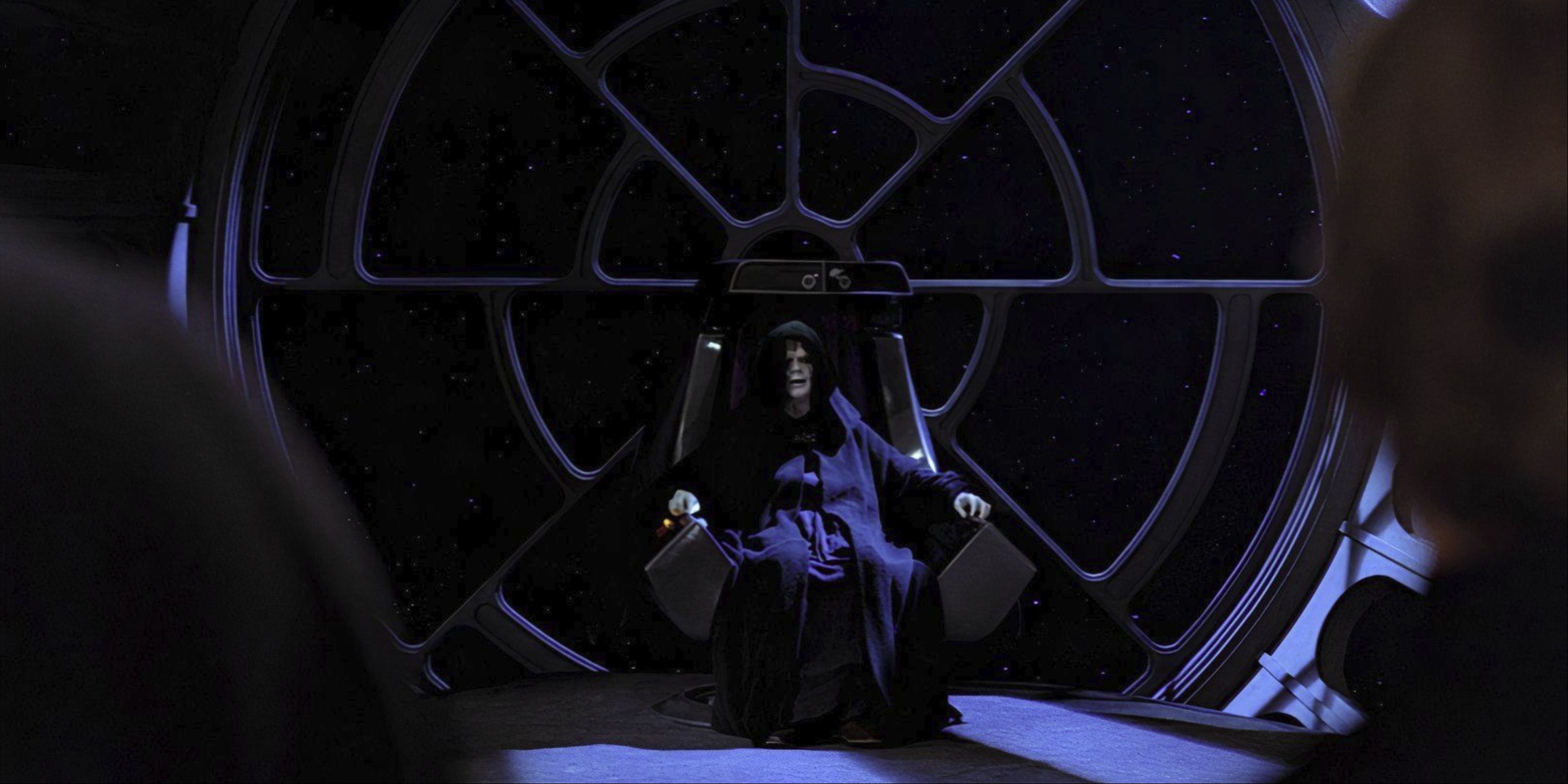 Palpatine sits atop his throne in the Death Star, facing Vader and Luke Skywalker