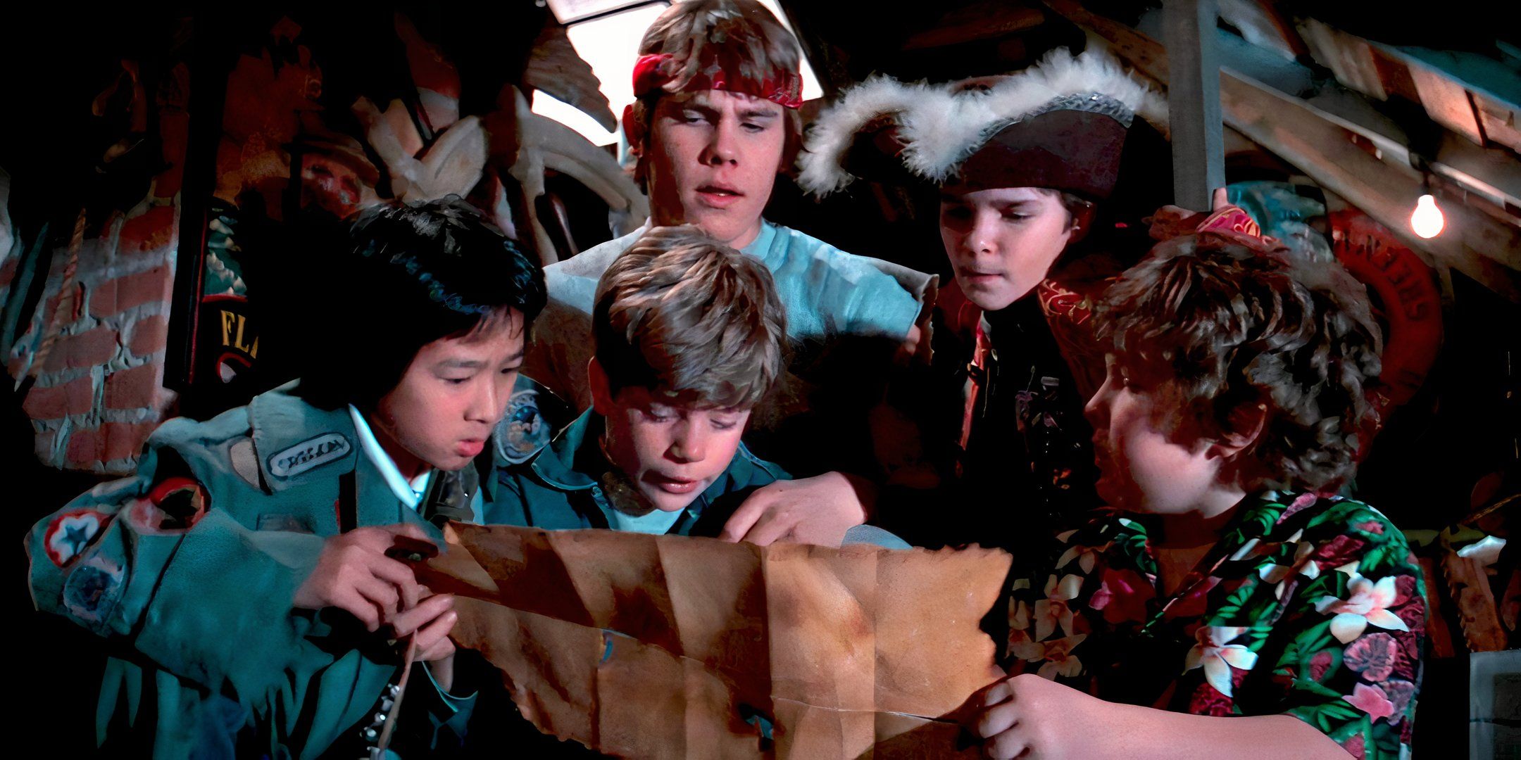 Data (Ke Huy Quan), Mikey (Sean Astin), Brand (Josh Brolin), Mouth (Corey Feldman)and Chunk (Jeff Cohen) read a treasure map in 'The Goonies' (1985)