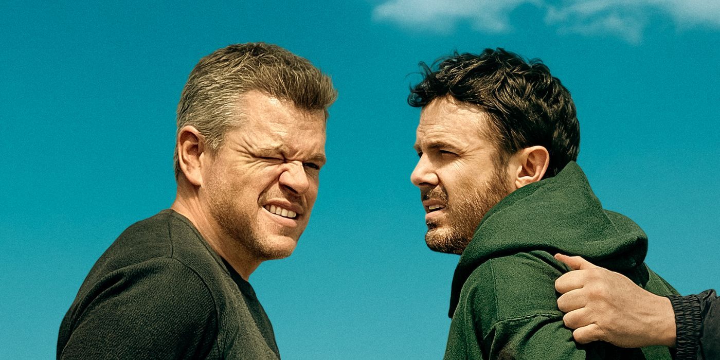 Matt Damon and Casey Affleck wincing next to one another in The Instigators.