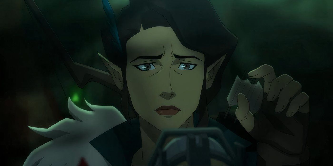 Vex&rsquo;ahlia surrounded by smoke and looking concerned in Vox Machina