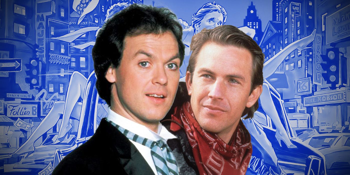 Michael Keaton and Kevin Costner against a blue-tinted background of a cropped Night Shift poster
