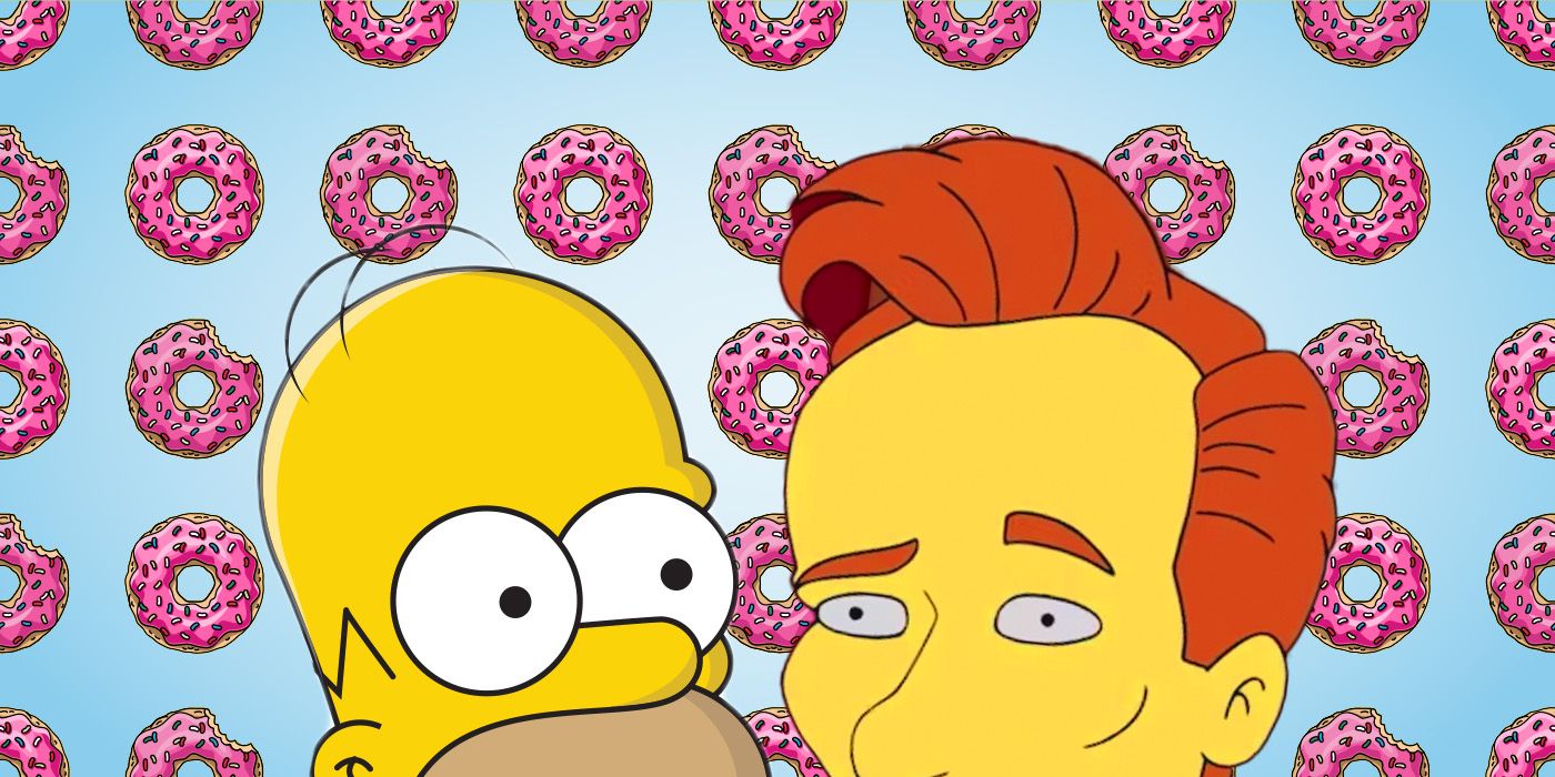 Homer Simpson and Conan O'Brien with a background full of pink sprinkle donuts