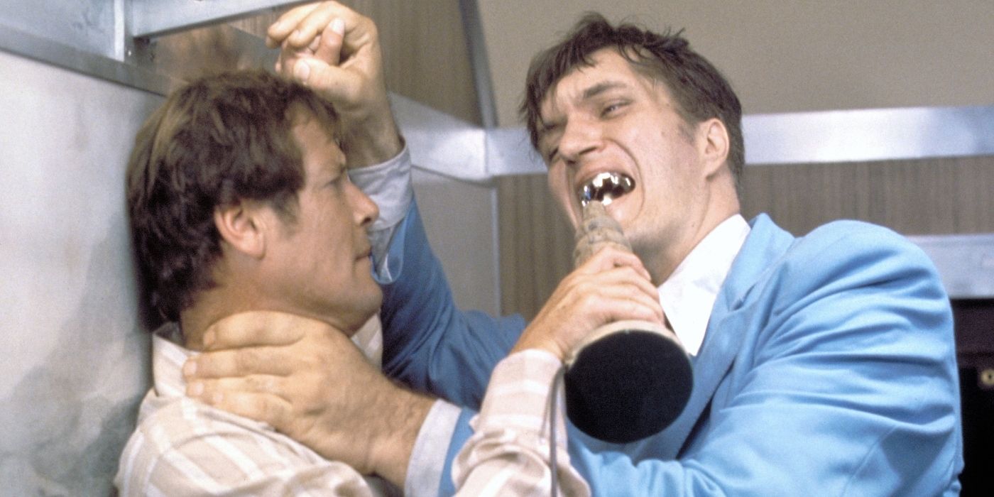 Roger Moore as James Bond battling Richard Kiel's Jaws in The Spy Who Loved Me