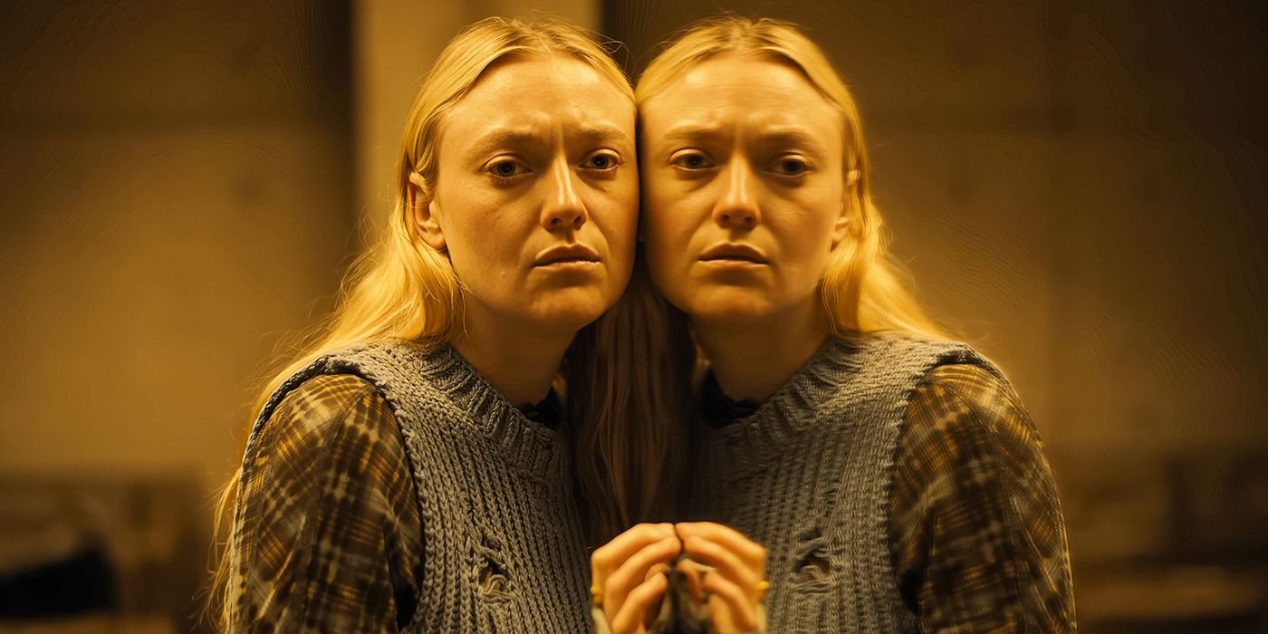 Dakota Fanning as Mina putting her head up against a mirror to listen in a still from The Watchers. 