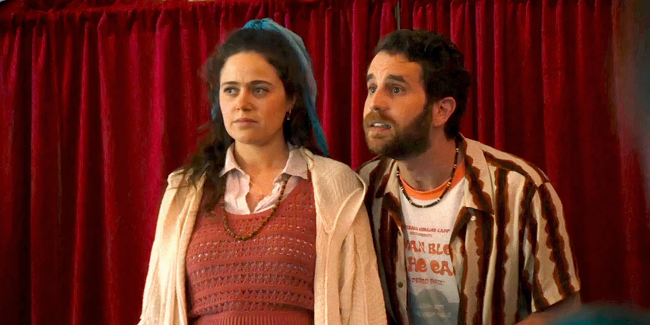 Rebecca-Diane (Molly Gordon) and Amos (Ben Platt) looking shocked in Theater Camp (2023)