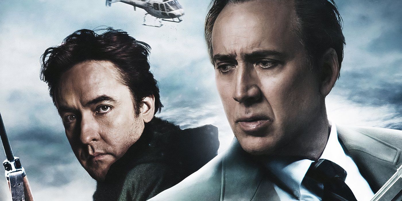 John Cusack as Robert Hansen (left), and Nicolas Cage as Jack Halcombe (right) pictured against a city skyline with a helicopter flying in the background