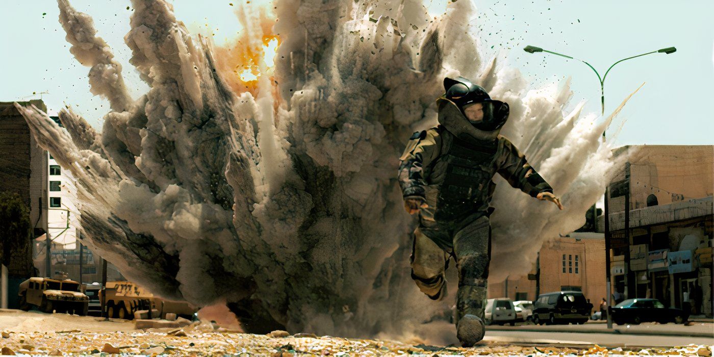 William (Jeremy Renner) wears a bomb suit and runs away from a huge explosion in 'The Hurt Locker' (2009)