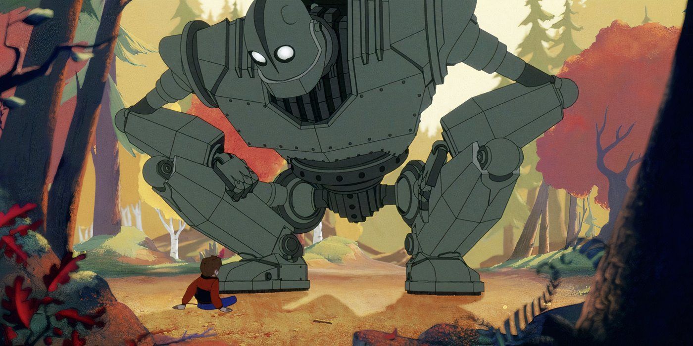 Hogarth sits on the ground in the woods as the Iron Giant crouches down to speak to him