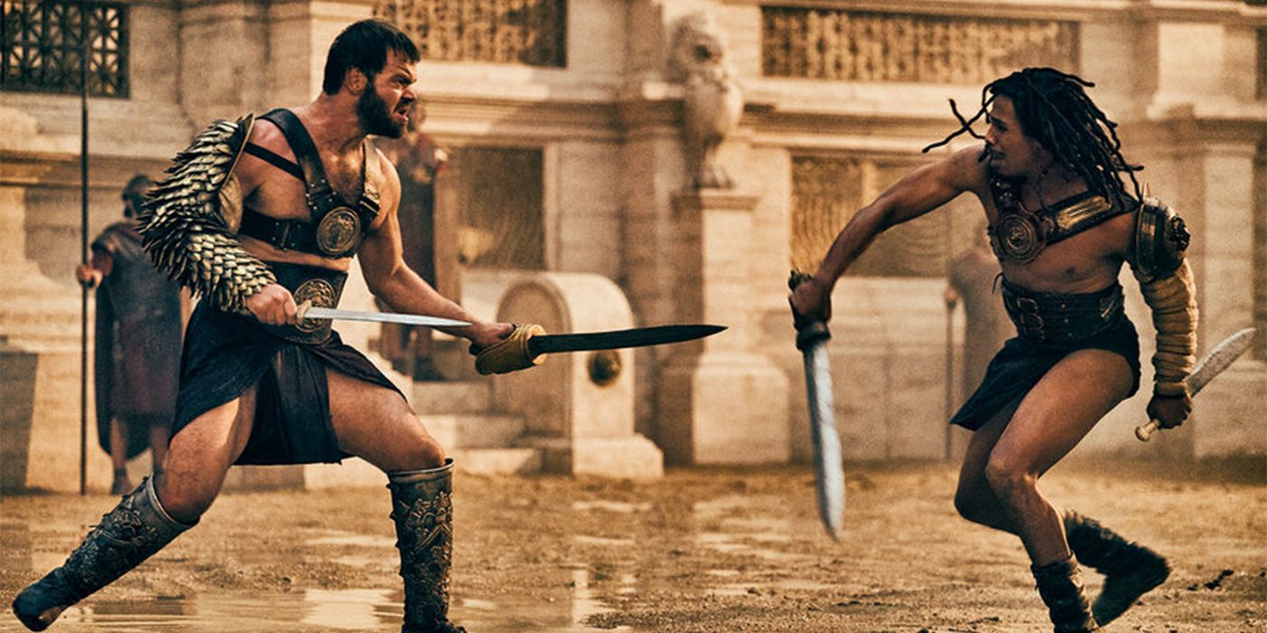 A still of two Gladiators in sword combat in the Colosseum 