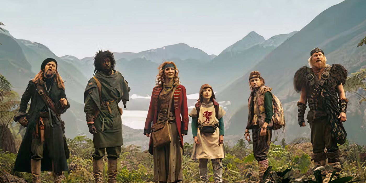 En la nueva versión de Time Bandits para Apple TV, el elenco principal mira desde la ladera de una montaña.