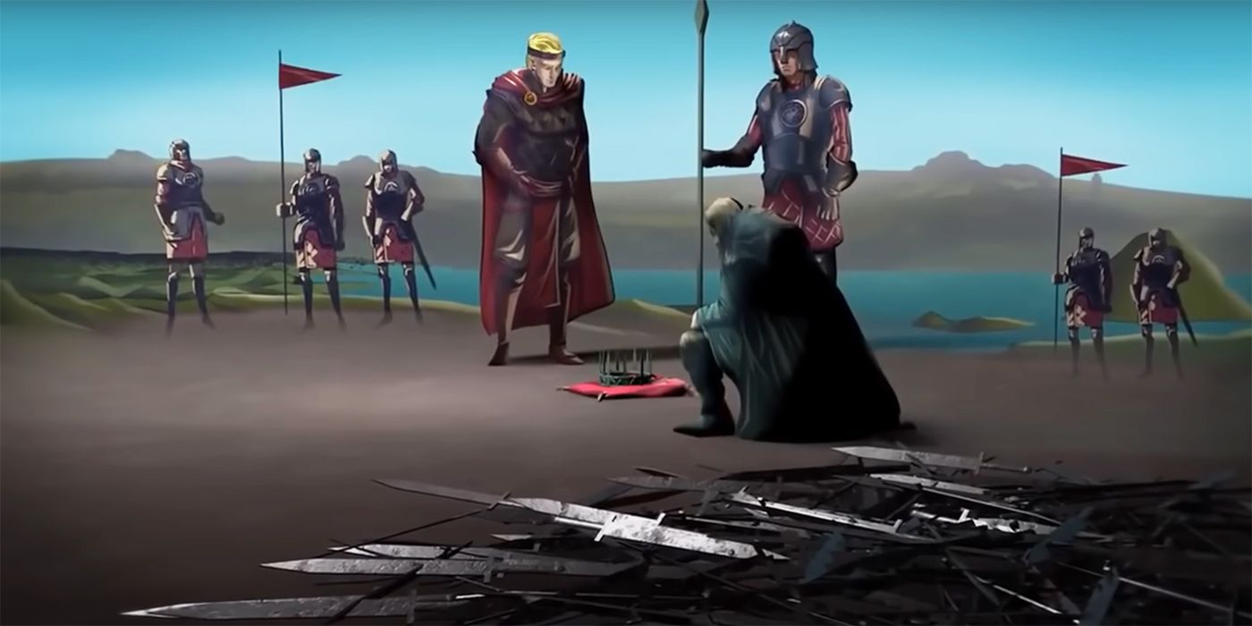 Torrhen Stark kneeling to Aegon the Conqueror in one of Game of Thrones' animated history shorts.