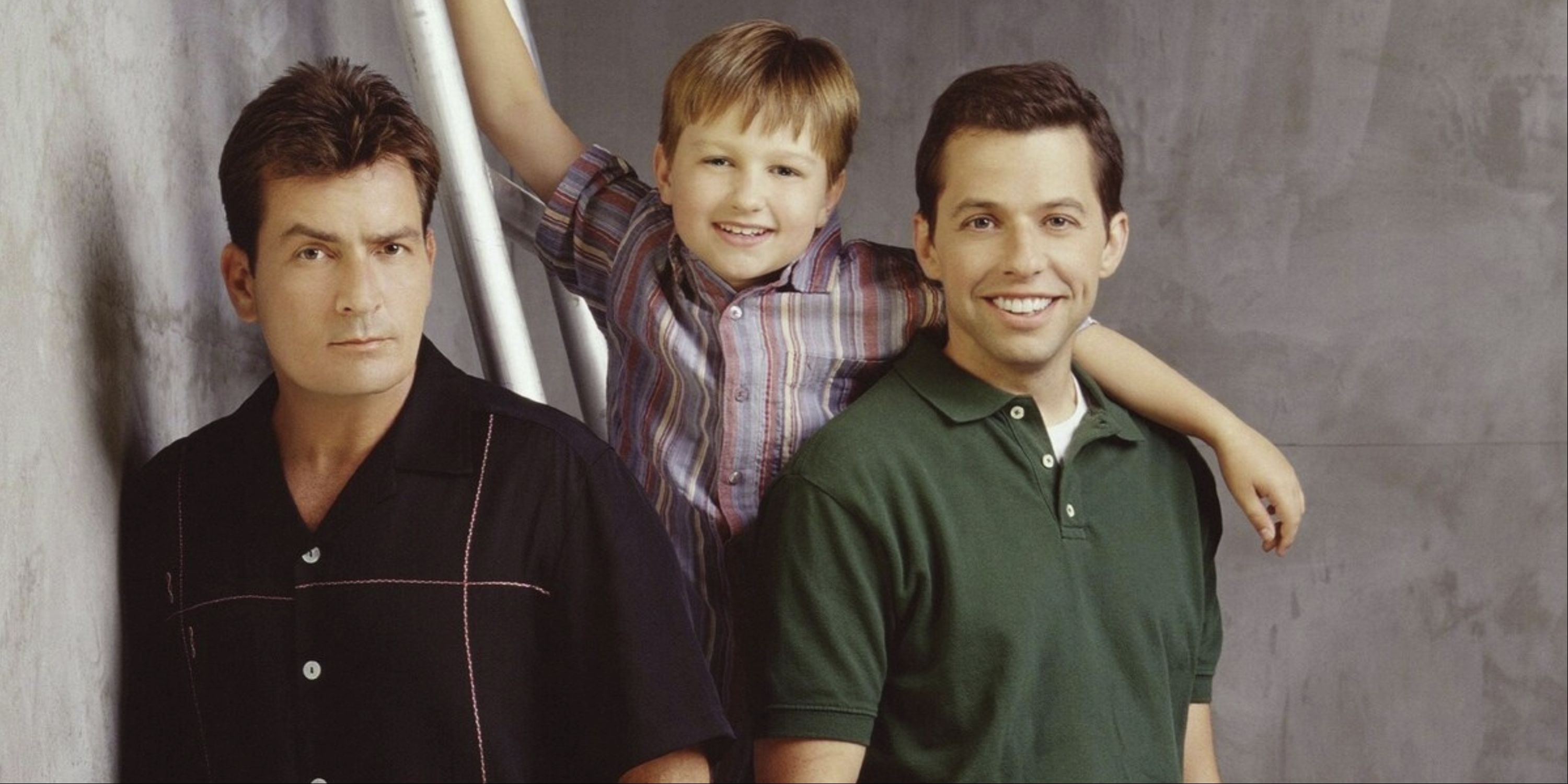 Charlie Sheen, Angus Jones, and Jon Cryer in a promotional shot for Two and a Half Men.