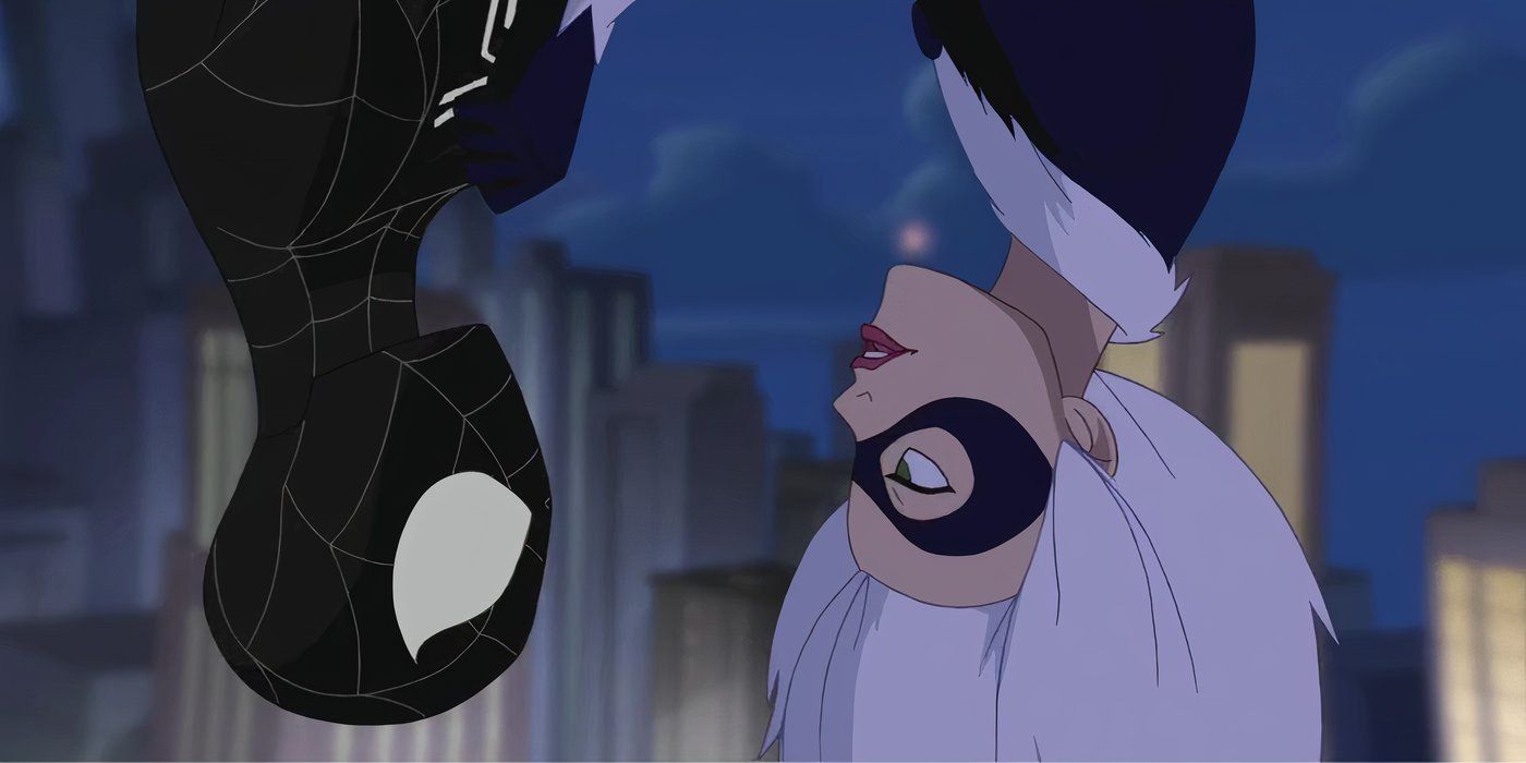 Symbiote Spider-Man and Black Cat facing each other while upside down in The Spectacular Spider-Man