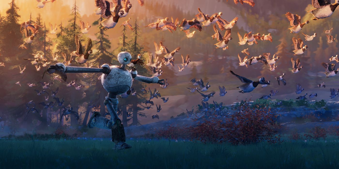 Roz the Robot spreading out her arms and running alongside geese taking flight across a grassy marsh.