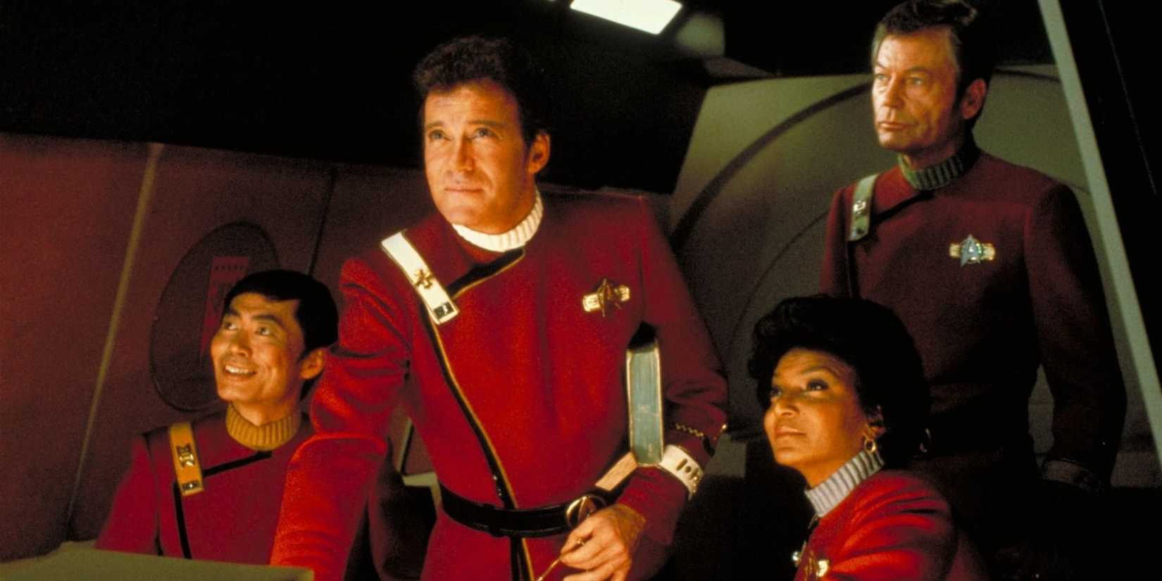The crew of the Enterprise look perplexed in 'Star Trek II: The Wrath of Khan'.