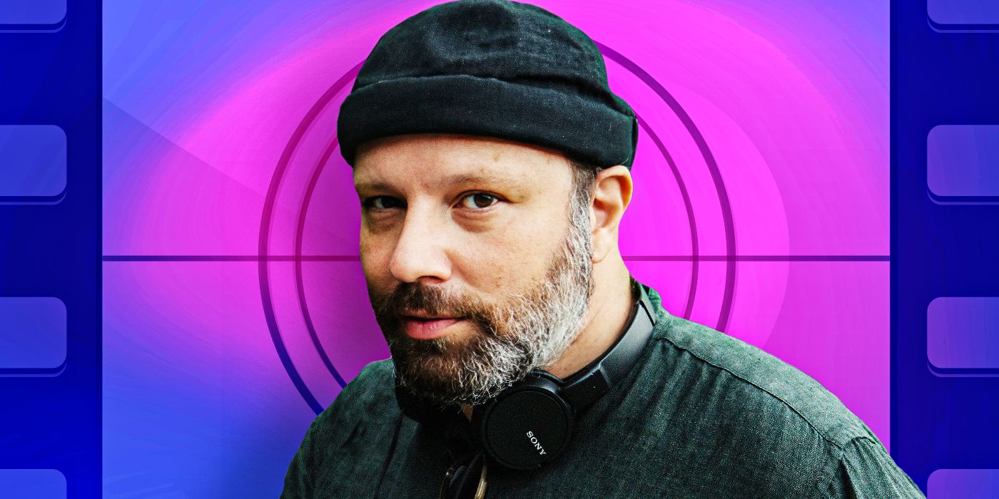 Yorgos Lanthimos in front of a pink and blue film reel in a custom image for Bugonia