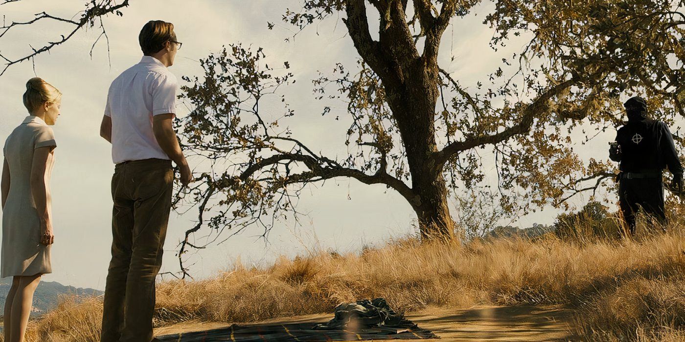 Two victims of the Zodiac (left) confront the killer (right) on a grassy hillside with a tree