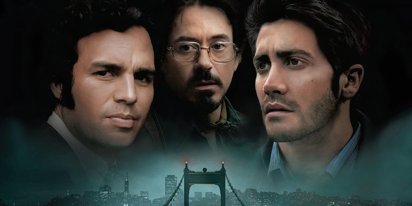 From left to right: Dave Toschi (Mark Ruffalo), Paul Avery (Robert Downey Jr.) and Robert Graysmith (Jake Gyllenhaal) are portrayed above a foggy city skyline with a suspension bridge 