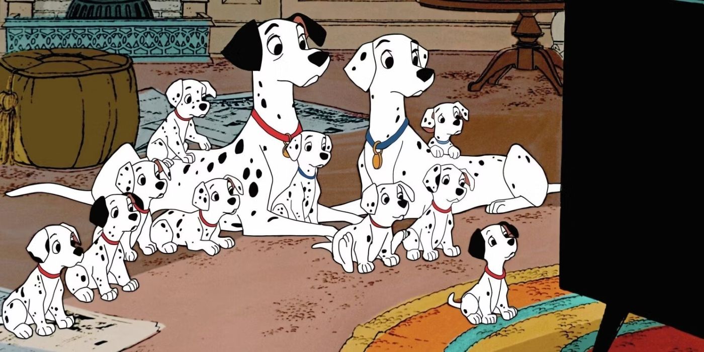 Pongo and Perdita watching TV with their puppies in 101 Dalmatians