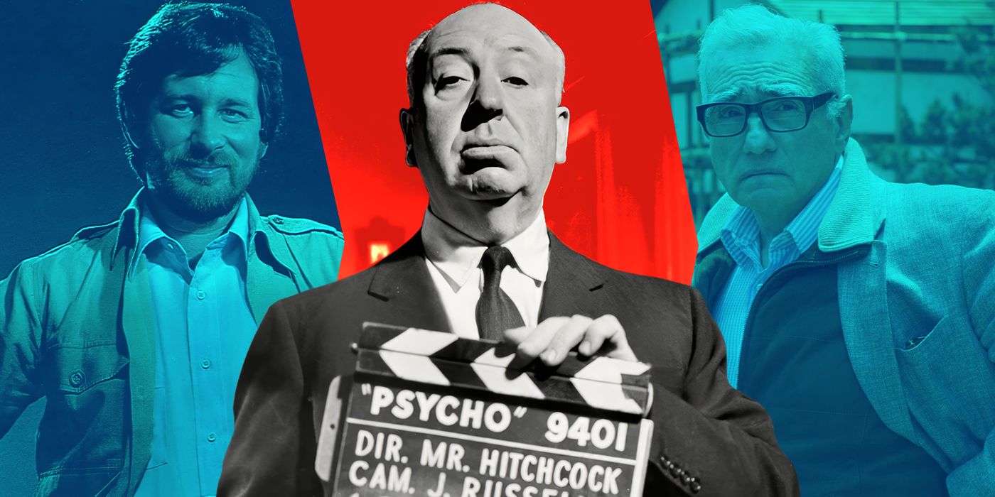 Blended image showing Steven Spielberg, Alfred Hitchcock, and Martin Scorsese.