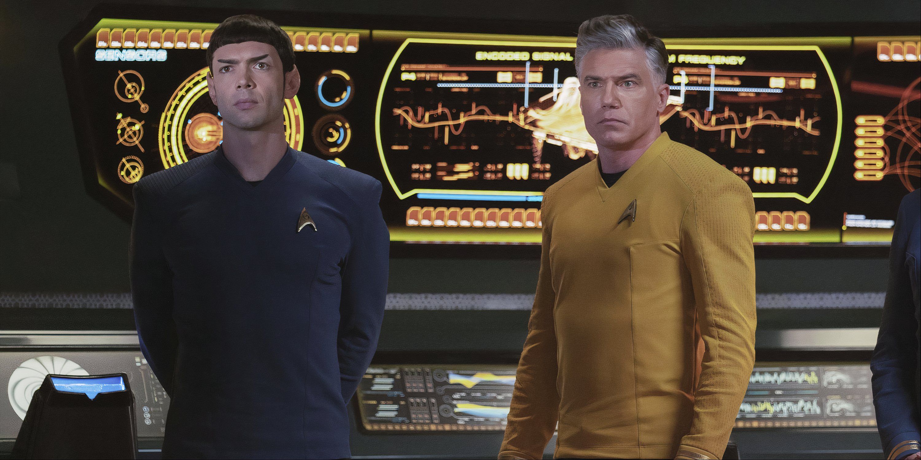 Captain Pike and Spok standing next to each other on Star Trek: Strange New Worlds