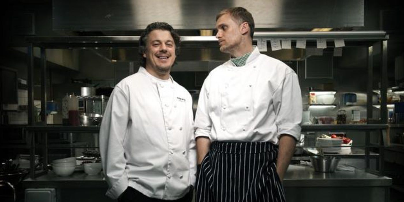 Alan Davies and Darren Boyd, posing as Roland White and Bib in a kitchen, in Whites