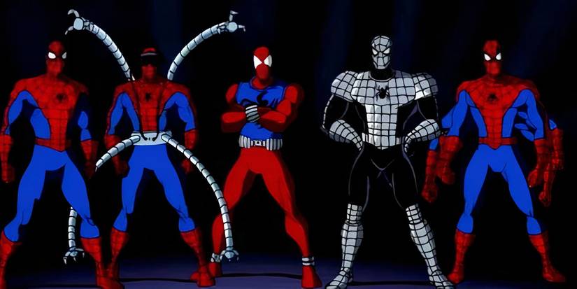 Five alternate universe Spider-Men standing together in Spider-Man: The Animated Series.