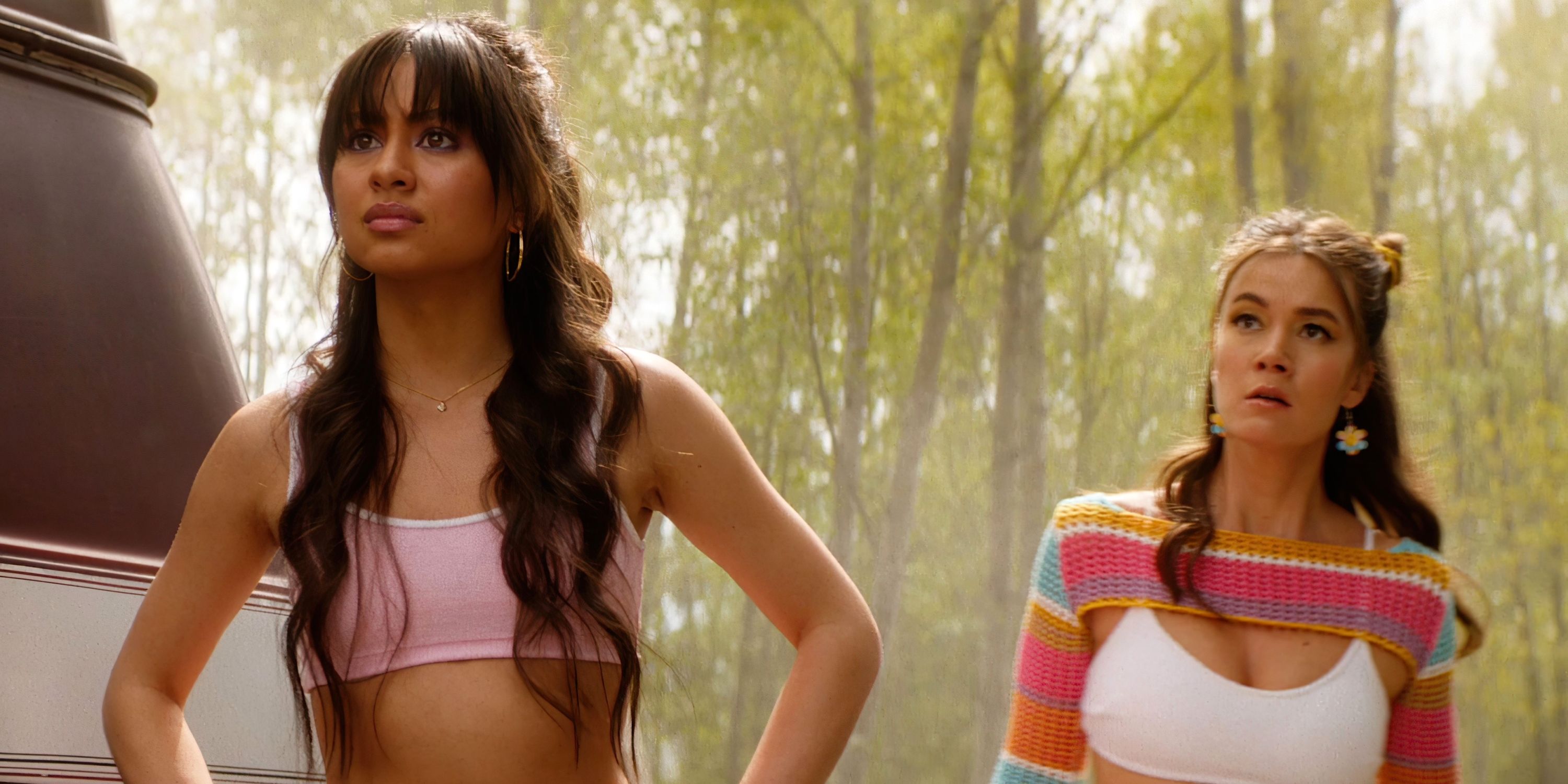 Ali Fumiko Whitney in a white sports bra & Jennifer Ens in a pink sports bra in #AMFAD: All My Friends Are Dead