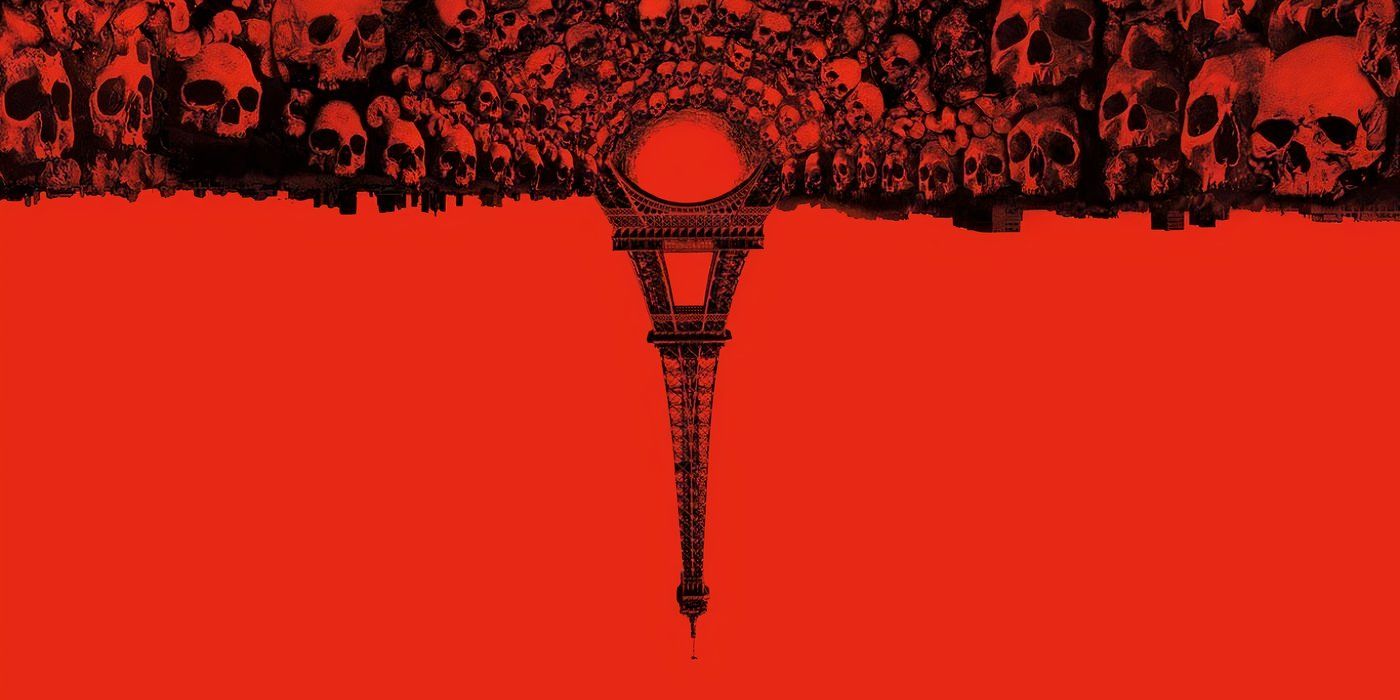 Red promotional image for 'As Above, So Below' featuring an inverted Eiffel Tower surrounded by skulls