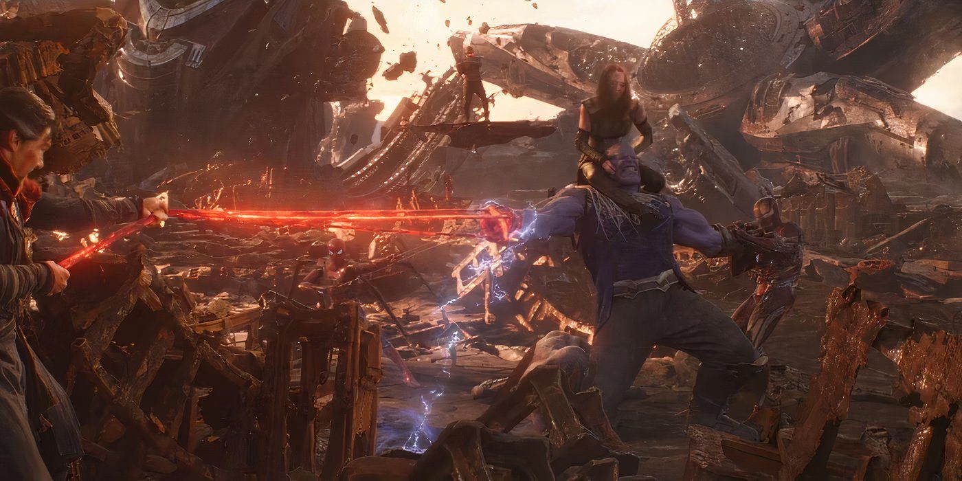 The Avengers and Guardians holding down Thanos in Avengers: Infinity War