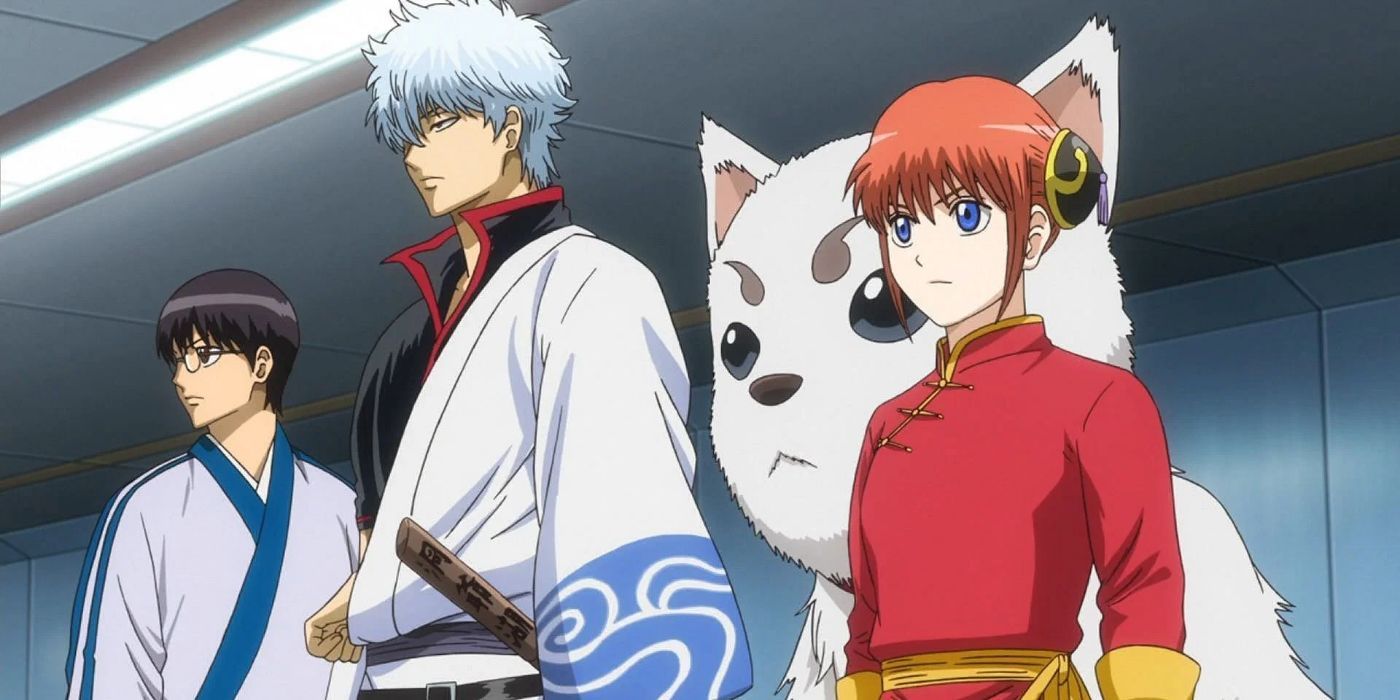 Gintoki, Kagura, Shinpachi and Sadaharu looking serious in Gintama