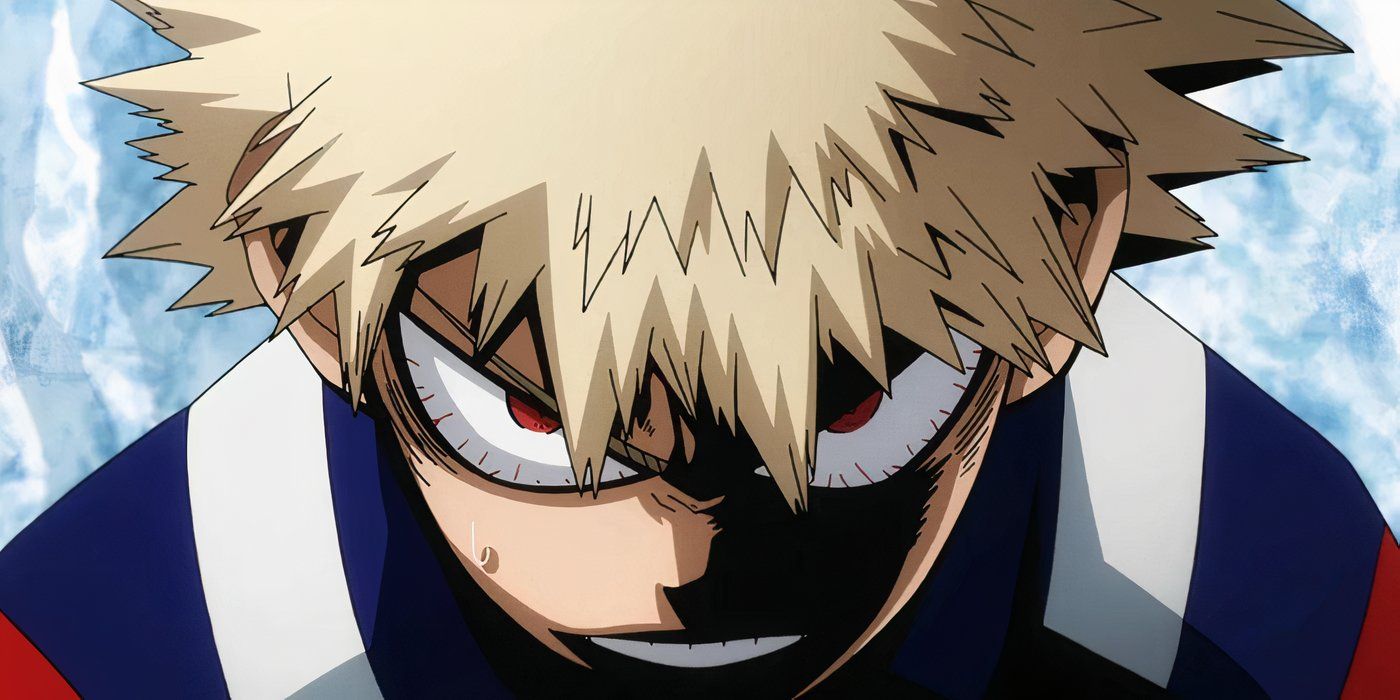 Close-up of Bakugo looking angry and evil in My Hero Academia